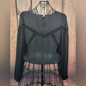 ❤️2for20 Free People Lace Detailed Blouse Sleeves Boho Peasant Black size Petite